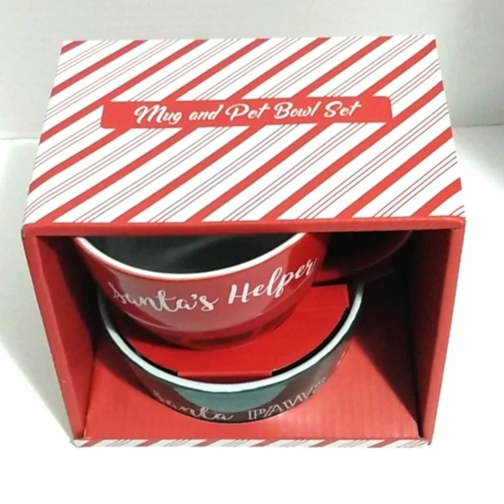 MHI SANTA'S HELPER COFFEE MUG SANTA PAWS PET BOWL SET NWT